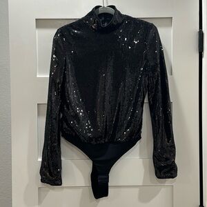 NWT BCBG Maxazria black sequin long sleeve bodysuit size 8